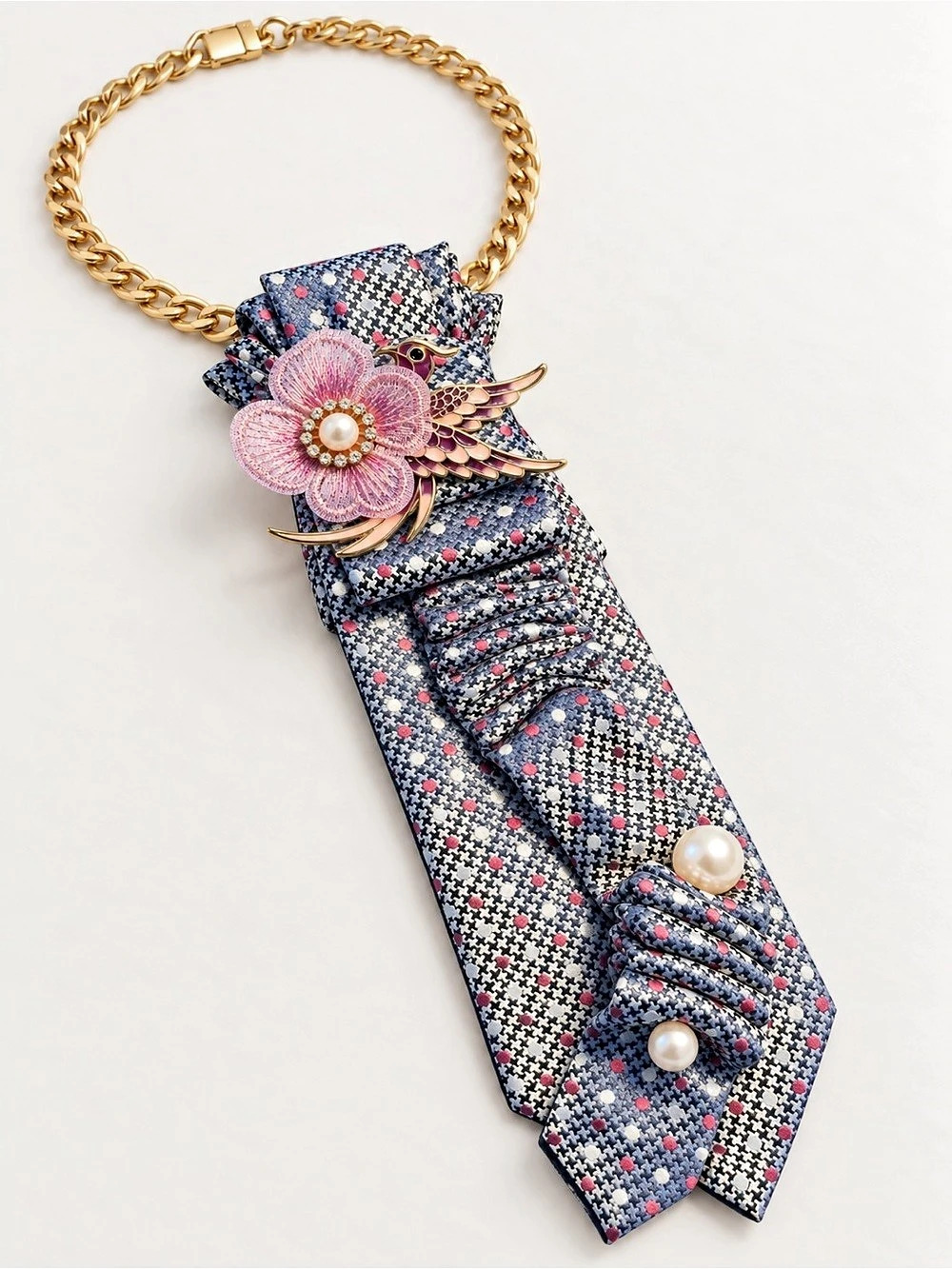 Handmade Houndstooth Necktie Necklace with Pink Flower Brooch